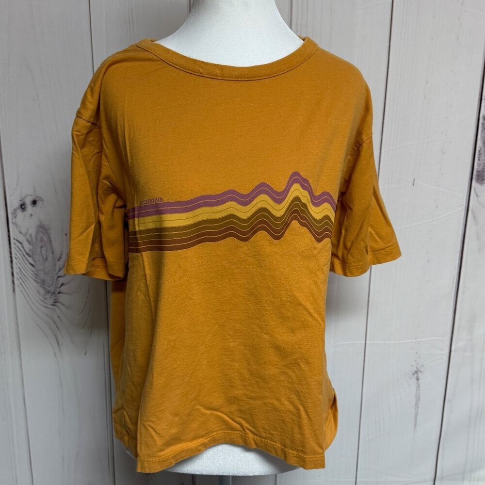 Patagonia Ridge Rise Stripe Organic Crop Tee – Women’s Medium,‎ Orange, EUC